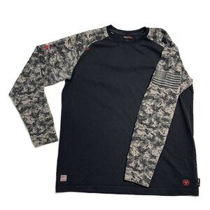 Ariat FR Shirt Men Large Long Sleeve Camouflage Black Pull Over T-Shirt USA Flag